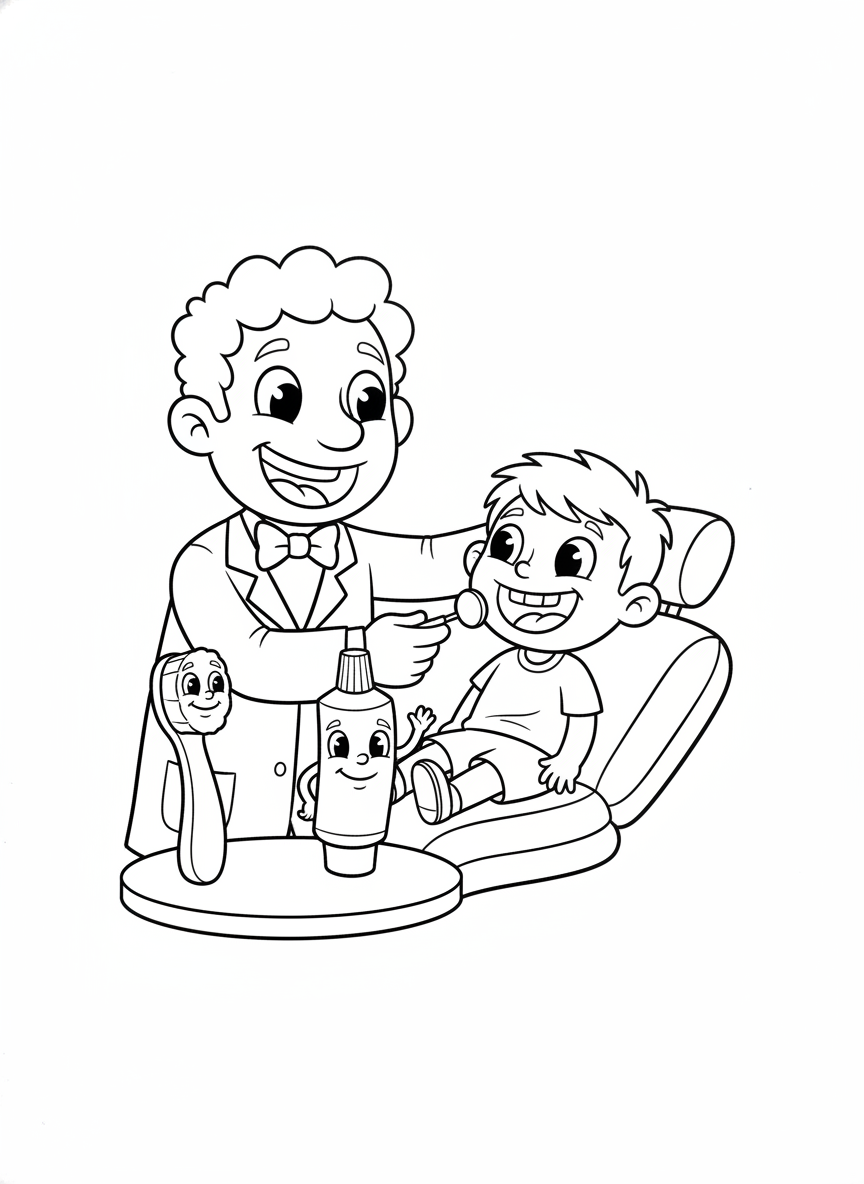 A Cheerful Dentist Visit: Happy Child Coloring Page - Occupation Coloring Page featuring Friendly and Children - Free Printable Outline Drawing for Kids