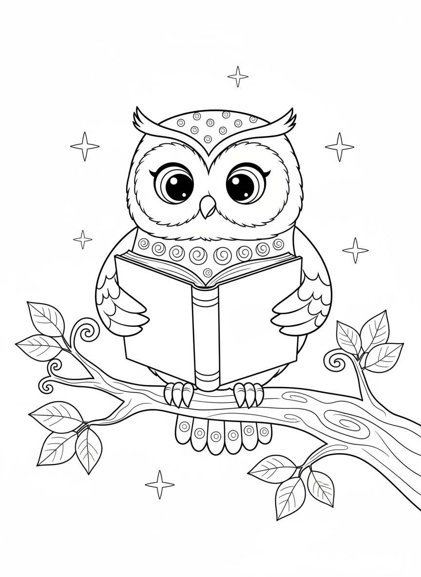 A Cute Owl Reading Storybook Coloring Page for Kids - Owl Coloring Page featuring Easy to Color and Cute - Free Printable Outline Drawing for Kids