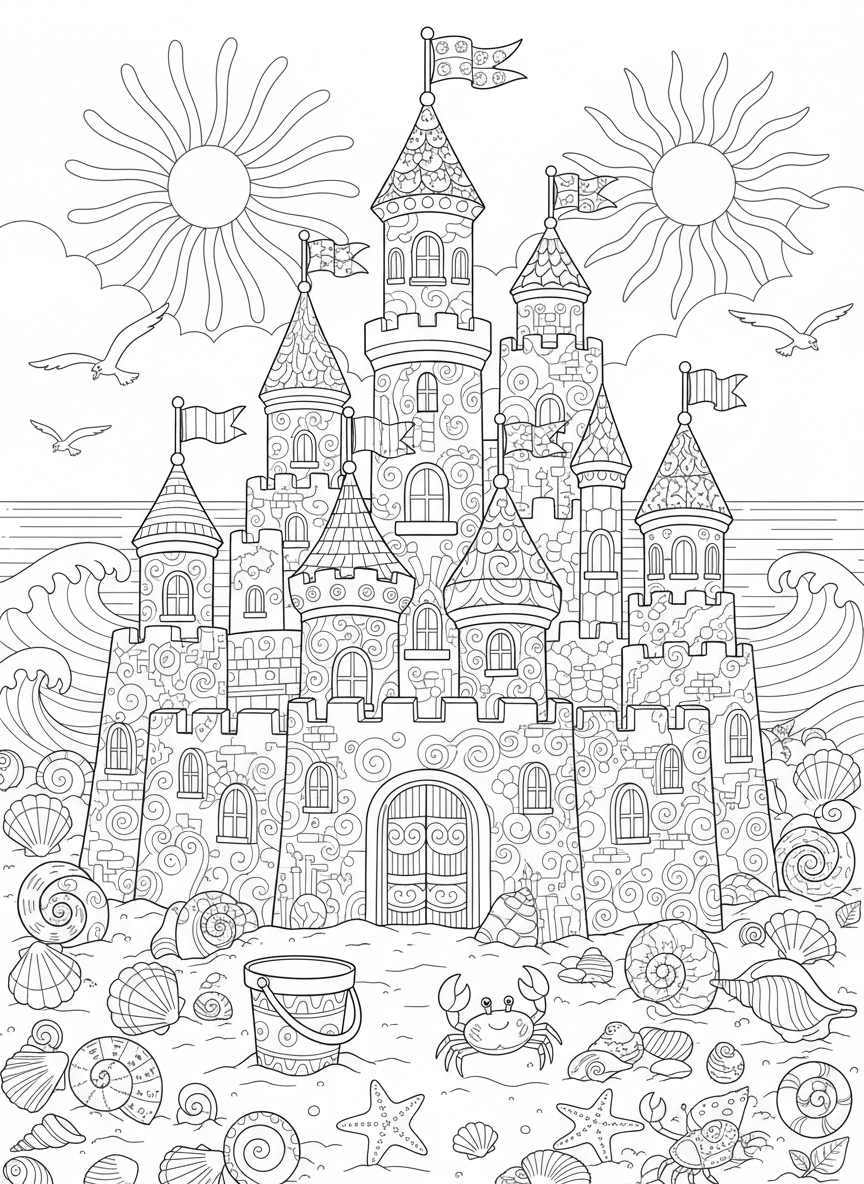 A Grand Sandcastle Adventure: Intricate Beach Coloring Page for Kids - Castle Coloring Page featuring Children and Complex - Free Printable Outline Drawing for Kids