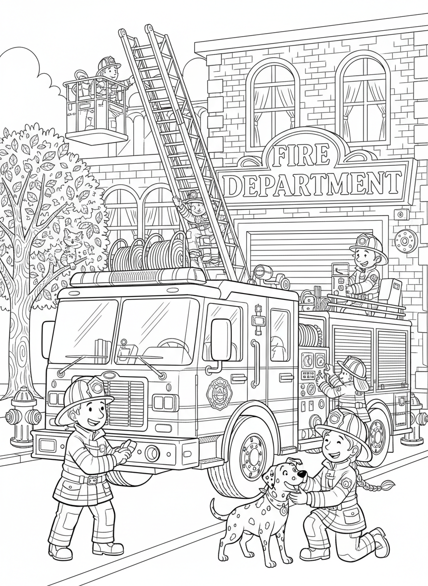 Action-Packed Fire Station Adventure Coloring Page for Kids - Fire Truck Coloring Page featuring Fire Truck and Firefighter - Free Printable Outline Drawing for Kids