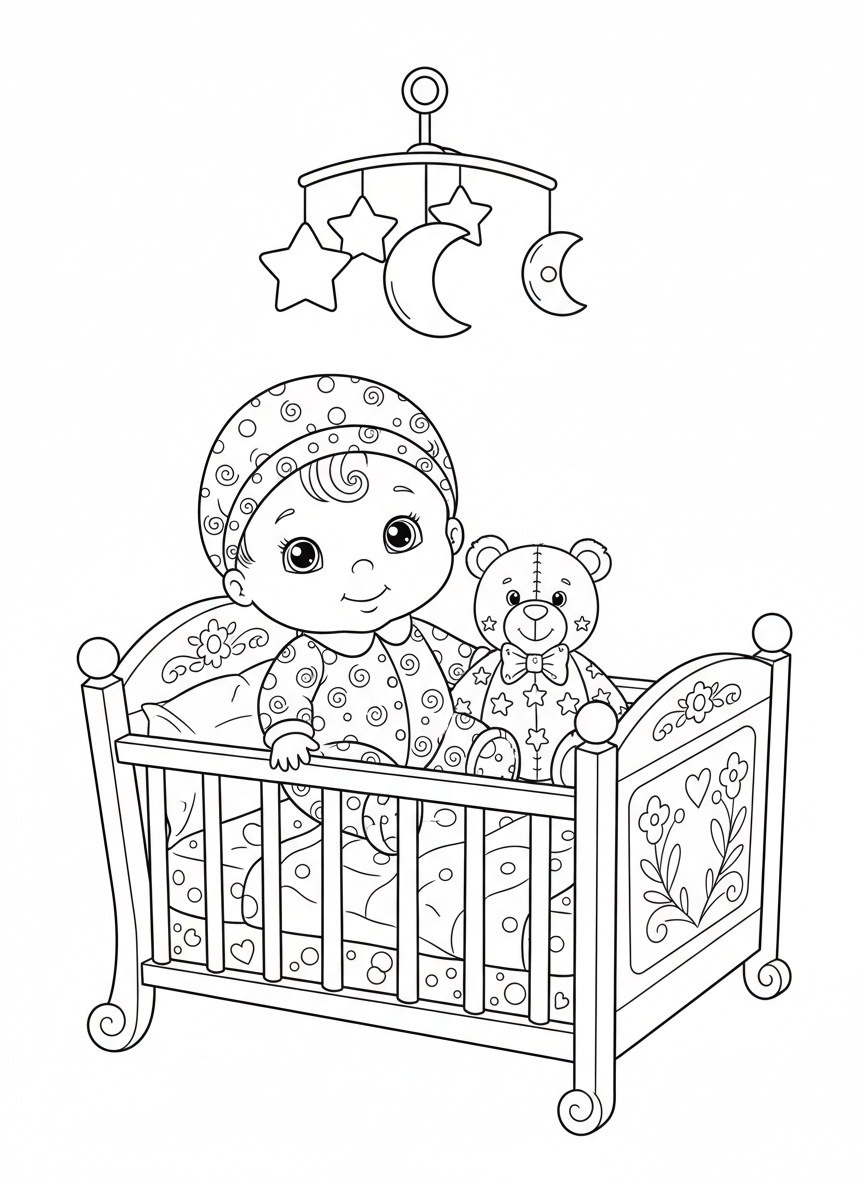 Adorable Baby Doll in Crib with Teddy Bear Coloring Page - Toy Coloring Page featuring Children and Cute - Free Printable Outline Drawing for Kids