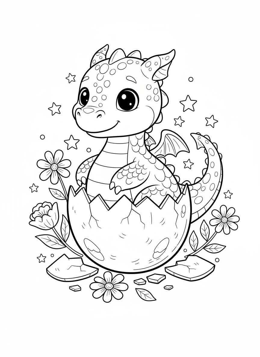 Adorable Baby Dragon Hatching: A Magical Coloring Adventure for Kids - Dragon Coloring Page featuring Cute and Fantasy - Free Printable Outline Drawing for Kids