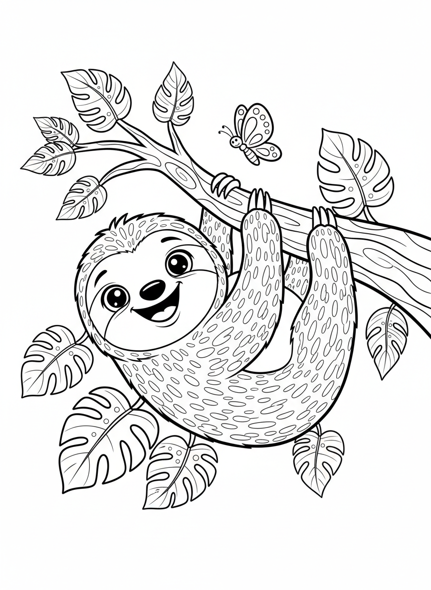 かわいい赤ちゃんナマケモノの塗り絵 - ナマケモノ ぬりえページ かわいいと熱帯 - 無料印刷可能な輪郭画