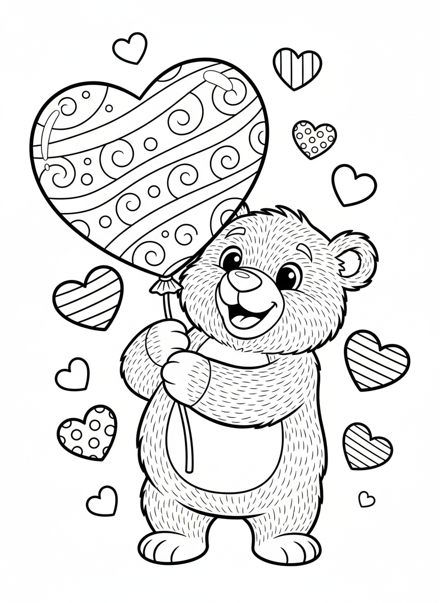 Página de Colorir Urso Adorável com Balão de Coração para Crianças - Urso Desenho para Colorir com Fofo e Coração - Desenho de Contorno Grátis Imprimível