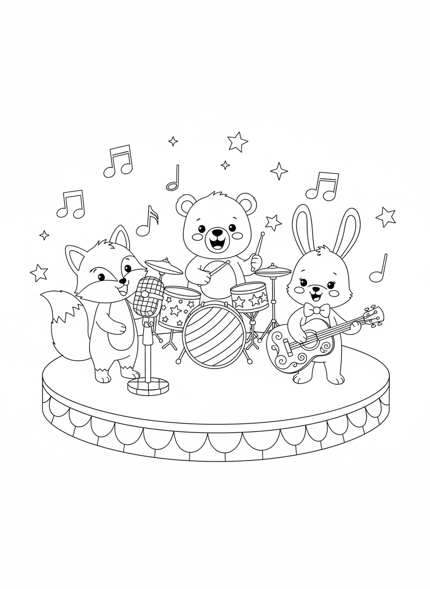 Adorable Cartoon Animals Musical Performance Coloring Page for Kids - Musical Instrument Coloring Page featuring Children and Cute - Free Printable Outline Drawing for Kids
