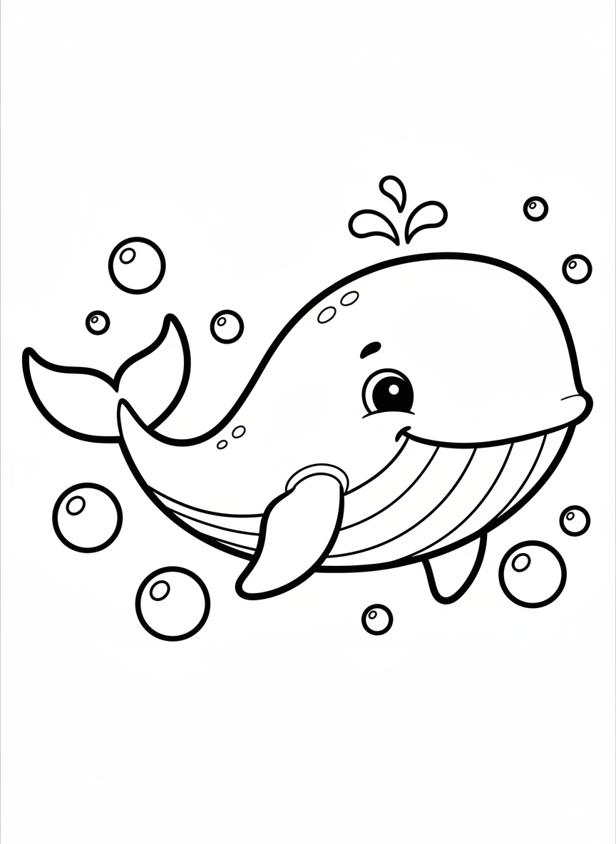 Adorable Cartoon Whale Coloring Page for Preschoolers - Ocean Animal Coloring Page featuring Ocean and Children - Free Printable Outline Drawing for Kids