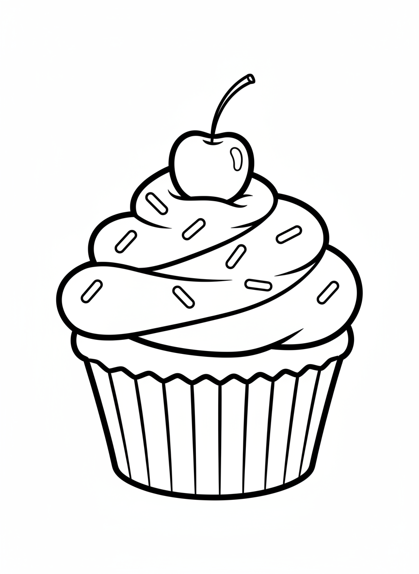 Adorable Cupcake Coloring Page for Kids - Dessert Coloring Page featuring Cute and Cupcake - Free Printable Outline Drawing for Kids