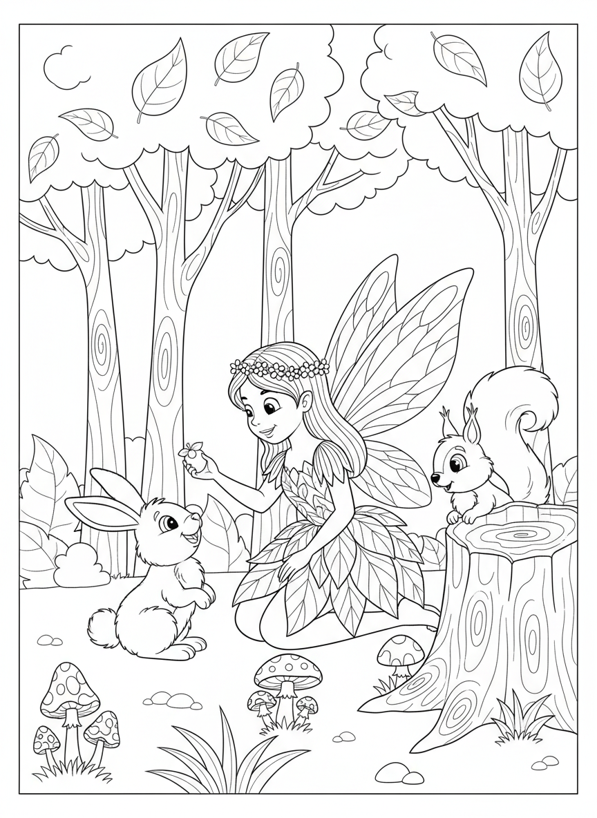 Adorable Fairy & Forest Friends Coloring Page for Kids - Fairy Coloring Page featuring Nature and Children - Free Printable Outline Drawing for Kids
