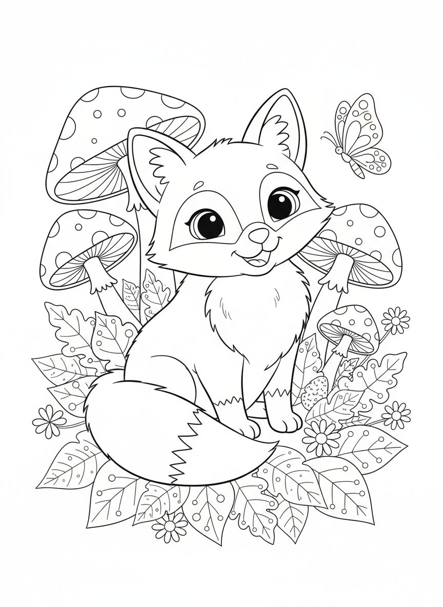 Adorable Fox Cub in Whimsical Forest: A Fun Coloring Adventure for Kids - Fox Coloring Page featuring Children and Cute - Free Printable Outline Drawing for Kids