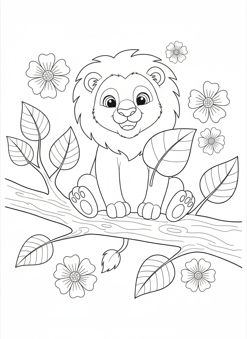 Cachorro de León Adorable en Rama para Colorear - León Dibujo para Colorear con Naturaleza y Niños - Dibujo de Contorno Gratis Imprimible
