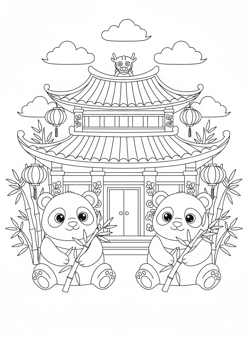Adorable Pandas at a Peaceful Temple: Kids Coloring Page - Bear Coloring Page featuring Children and Cute - Free Printable Outline Drawing for Kids
