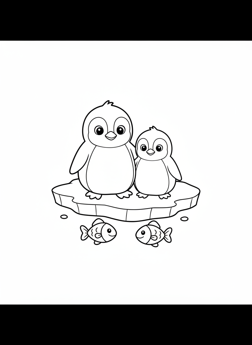 Adorable Penguin Family on Ice Floe Coloring Page for Kids - Penguin Coloring Page featuring Children and Cute - Free Printable Outline Drawing for Kids