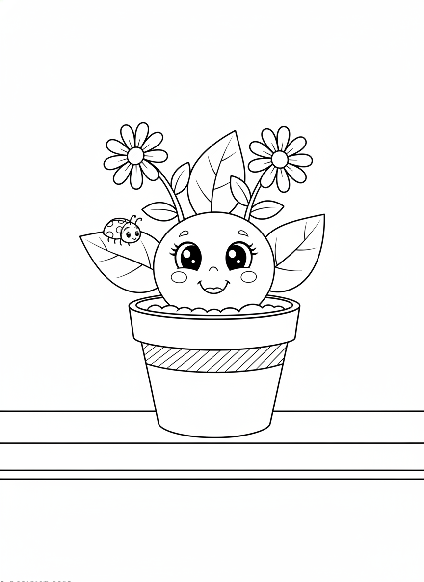 Adorable Potted Plant & Ladybug Coloring Page for Kids - Flowers Coloring Page featuring Nature and Children - Free Printable Outline Drawing for Kids