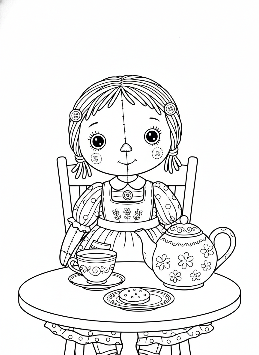 Entzückende Stoffpuppen-Teeparty Malvorlage für Kinder - Spielzeug Malvorlage mit Kinder und Niedlich - Kostenlose Druckbare Umrisszeichnung