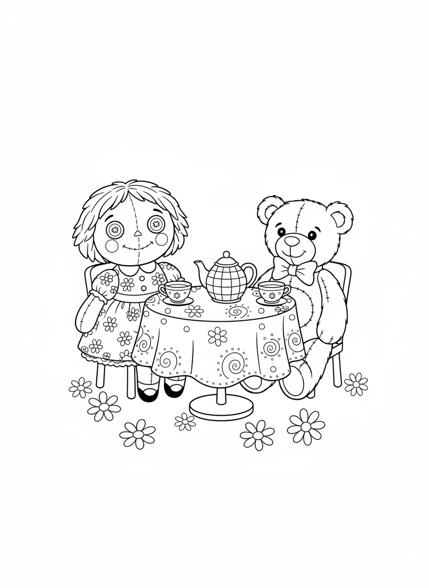 Adorable Rag Doll & Teddy Bear Tea Party Coloring Page - Toy Coloring Page featuring Cute and Playtime - Free Printable Outline Drawing for Kids