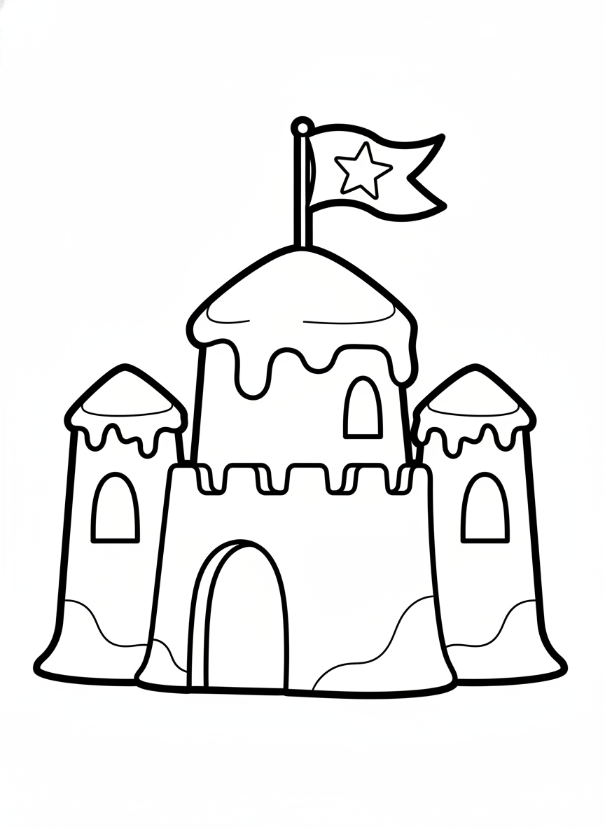 かわいい砂の城：3-5歳向け簡単ぬりえ - 海の風景 ぬりえページ かわいいと夏 - 無料印刷可能な輪郭画