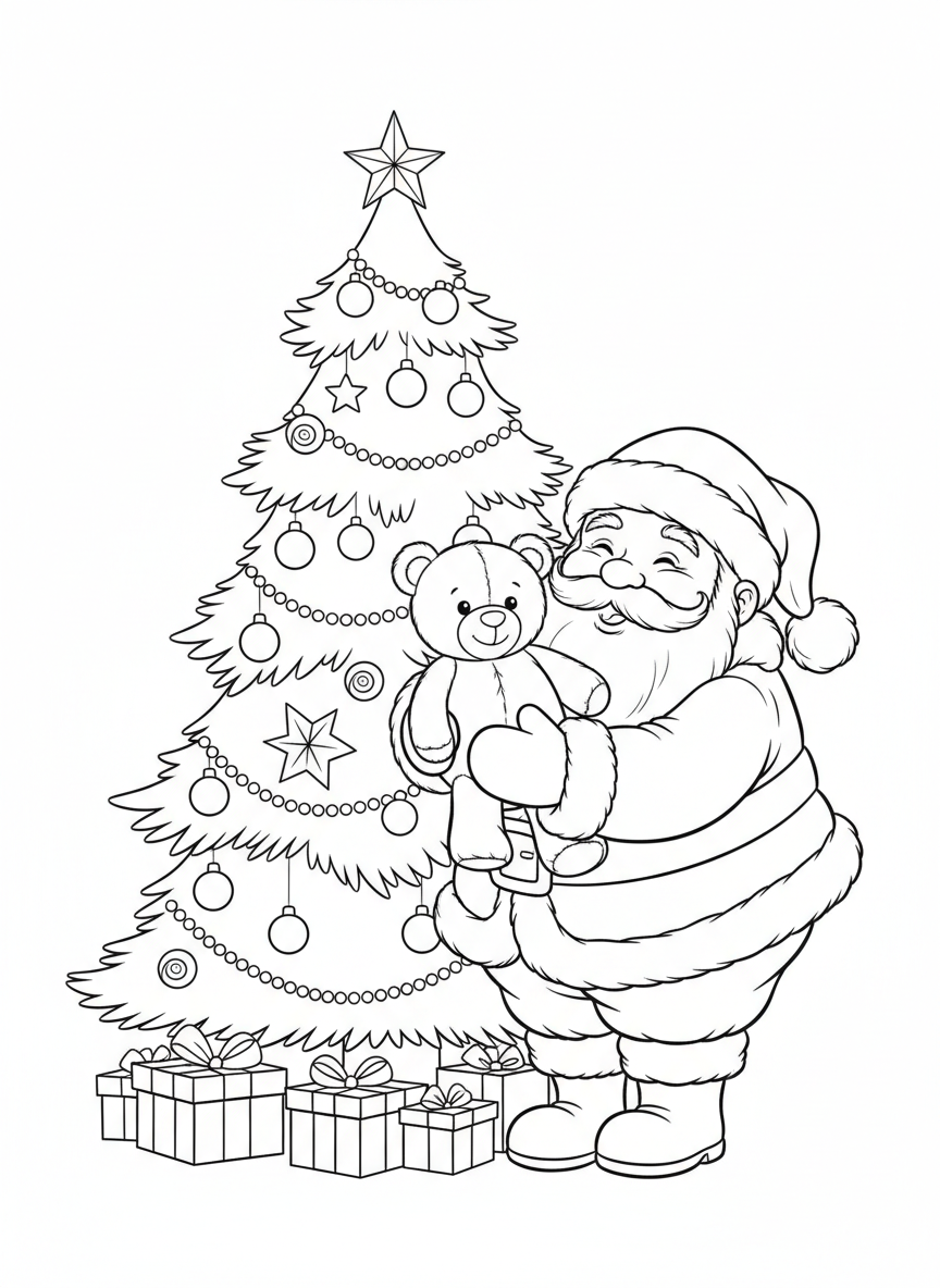 Adorable Santa & Teddy Bear Christmas Coloring Page for Kids - Christmas Coloring Page featuring Cozy and Teddy Bear - Free Printable Outline Drawing for Kids