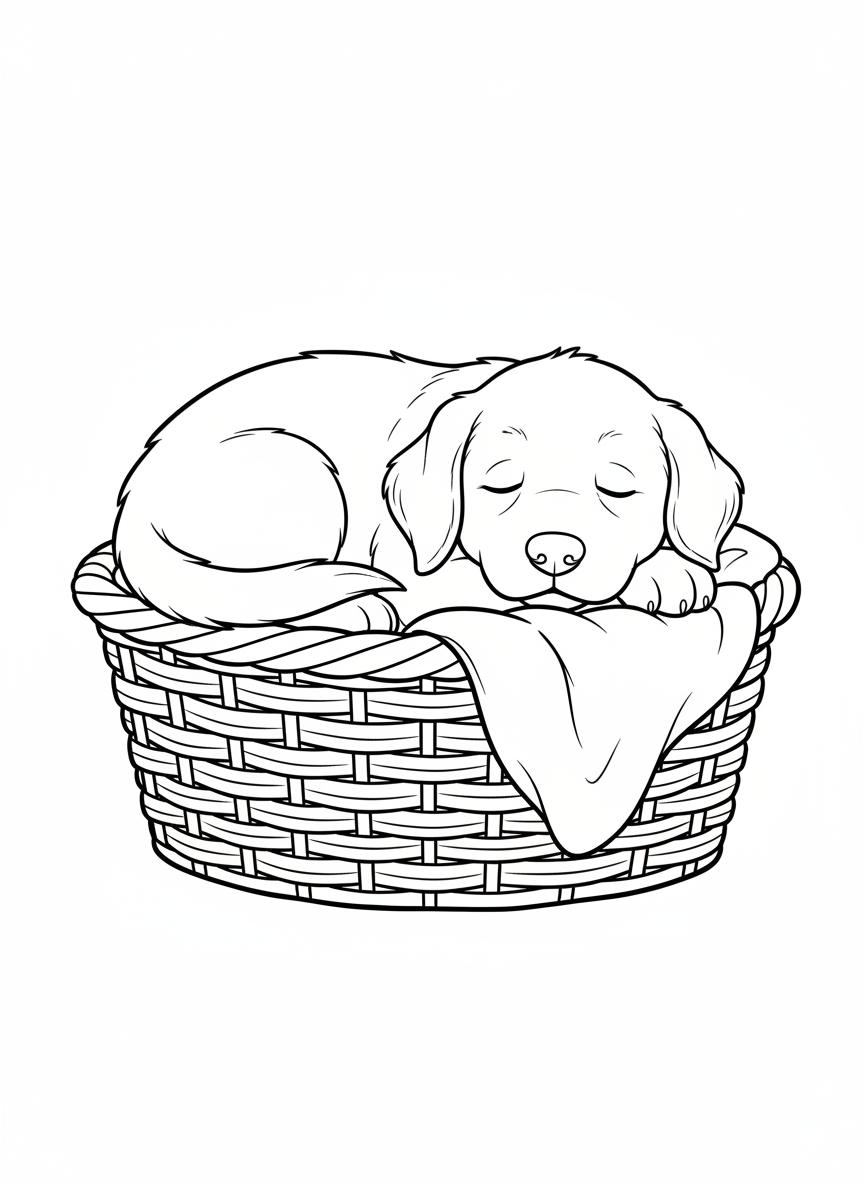 Adorable Sleepy Puppy in a Basket Kids Coloring Page - Dog Coloring Page featuring Children and Cute - Free Printable Outline Drawing for Kids