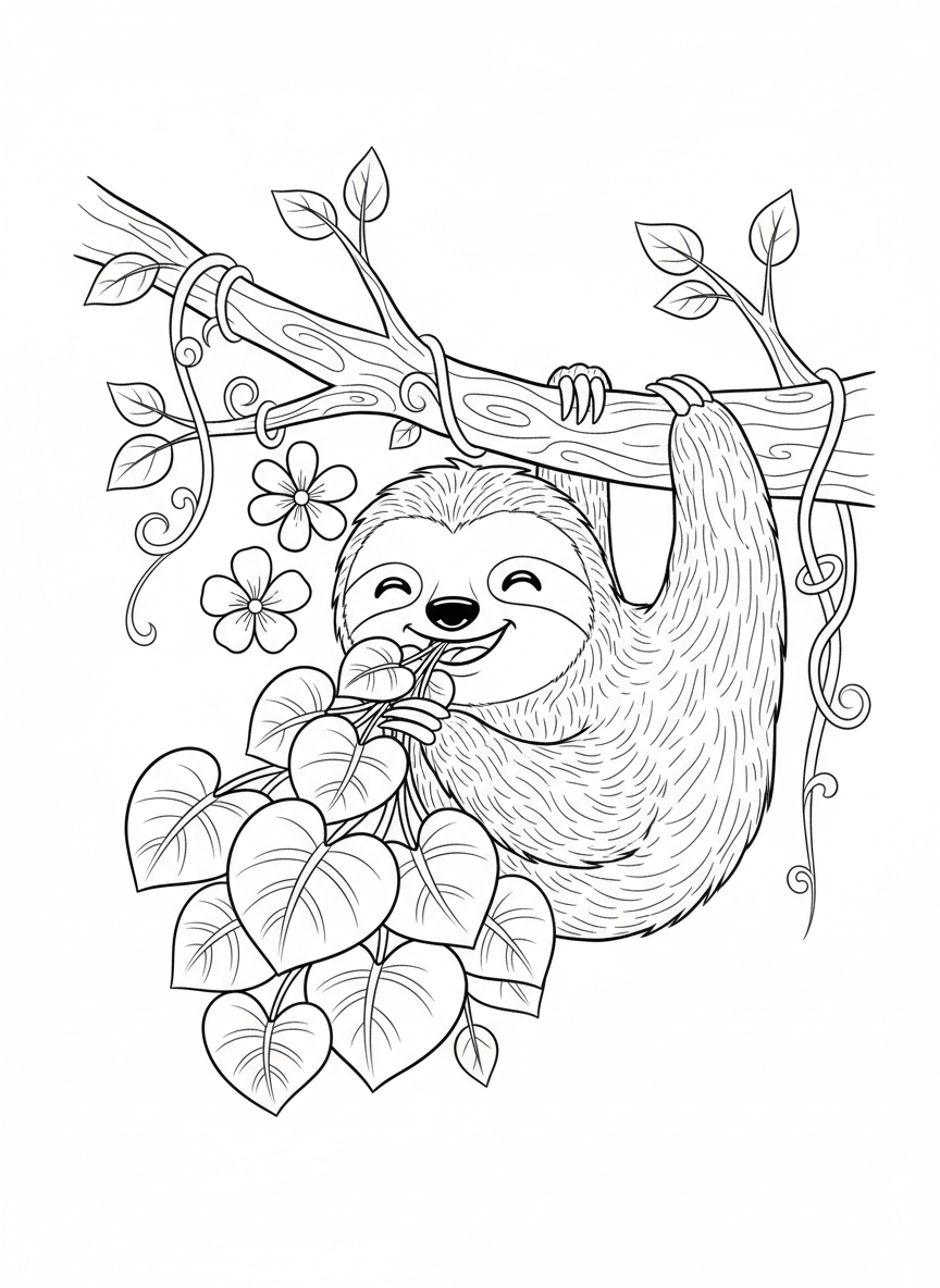 Adorable Sloth Coloring Page: Cheerful Cartoon Sloth Munching Leaves - Sloth Coloring Page featuring Nature and Children - Free Printable Outline Drawing for Kids
