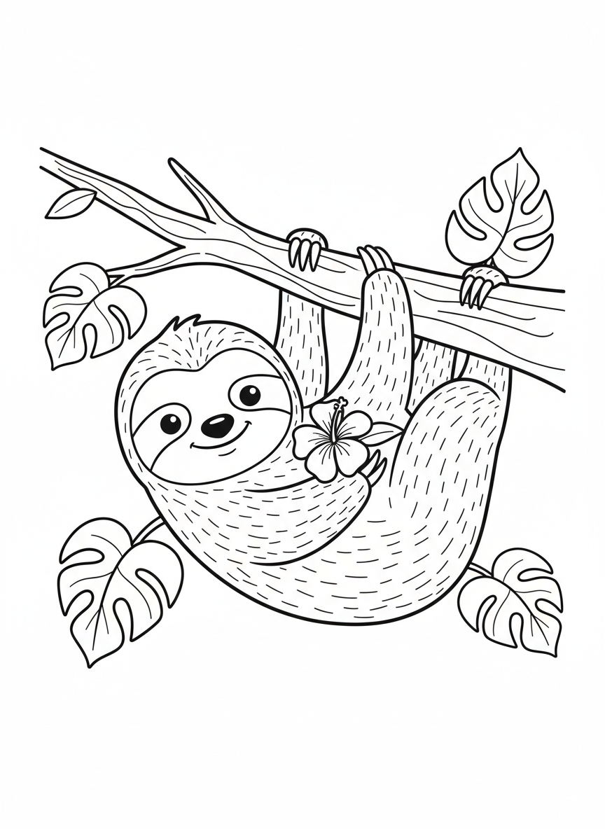 Perezoso Adorable en Rama: Página para Colorear Infantil Fácil - Perezoso Dibujo para Colorear con Niños y Lindo - Dibujo de Contorno Gratis Imprimible