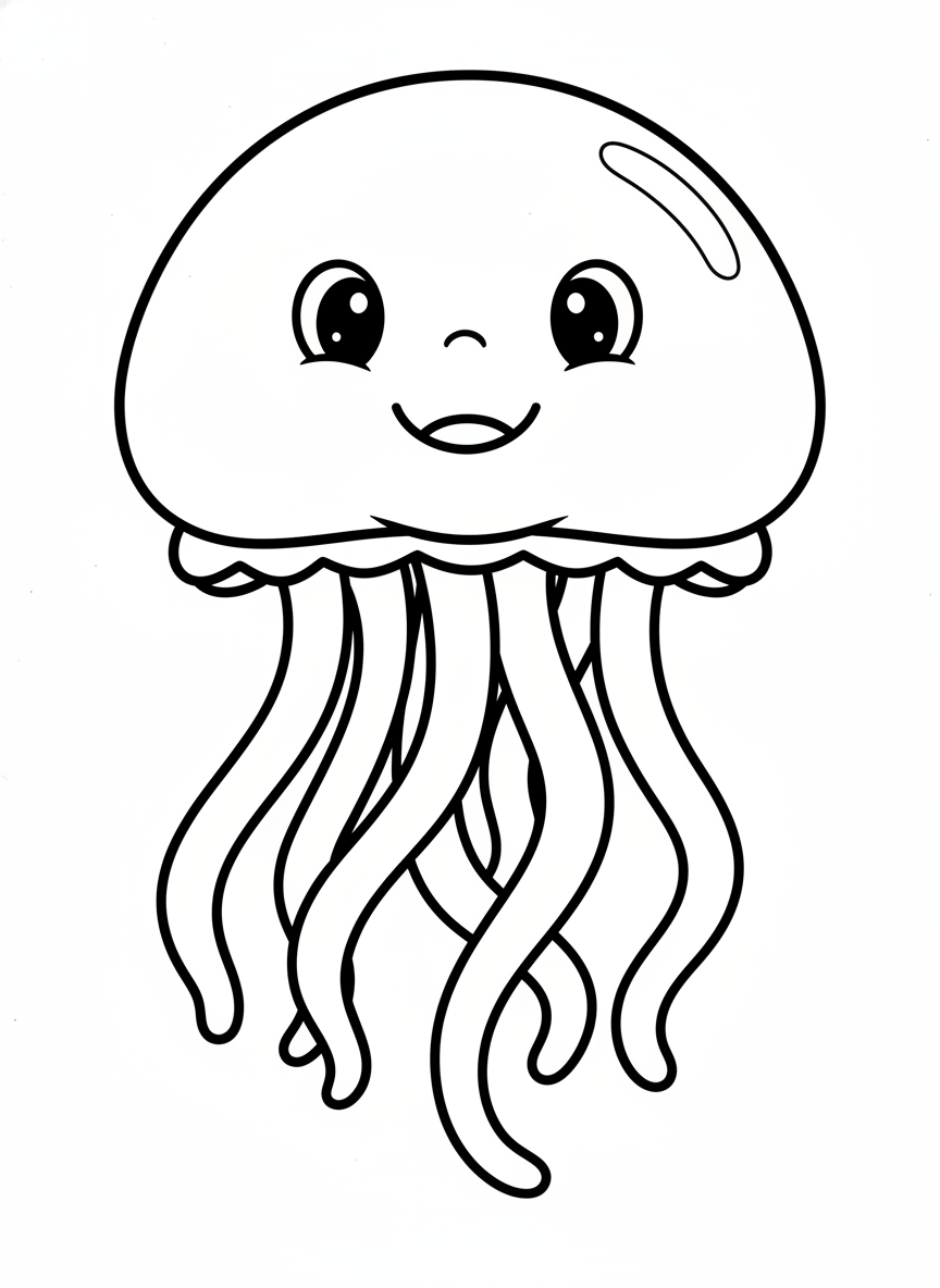 Adorable Smiling Jellyfish Coloring Page for Kids (Ages 3-5) - Ocean Animal Coloring Page featuring Happy and Children - Free Printable Outline Drawing for Kids
