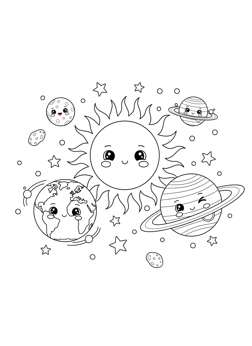 Página de Colorir Fofa do Sistema Solar Sorridente para Crianças - Espaço e Planeta Desenho para Colorir com Crianças e Fofo - Desenho de Contorno Grátis Imprimível
