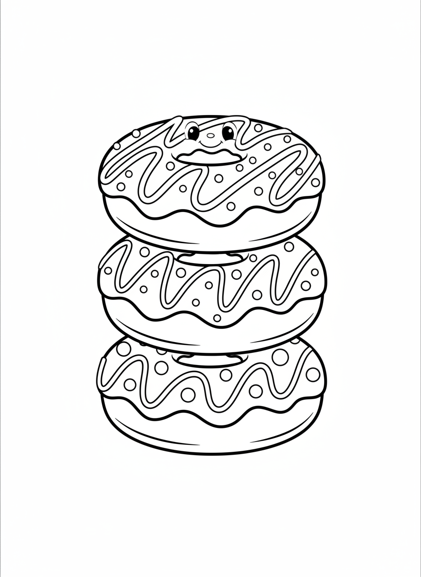 疊疊樂甜甜圈兒童著色頁 - 甜甜圈點心 著色頁 兒童、可愛 - 免費可列印輪廓畫