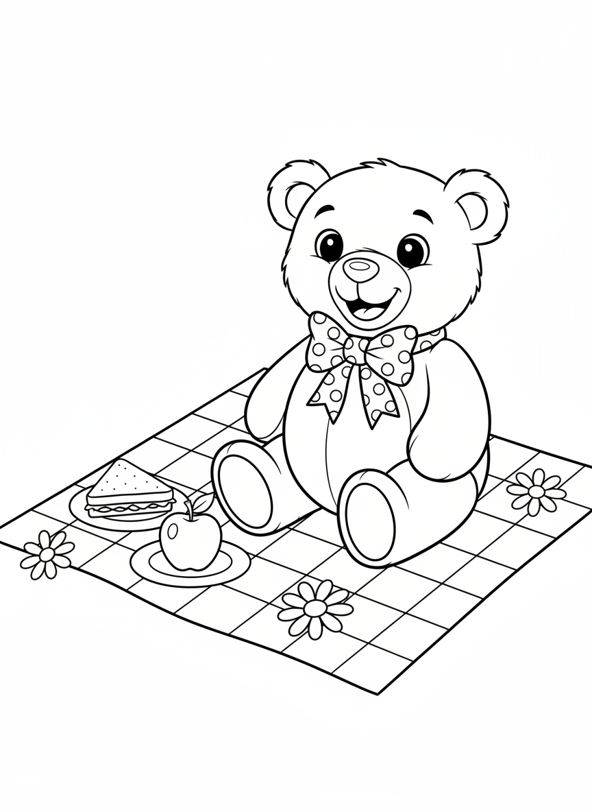かわいいテディベアのピクニックぬりえ - クマ ぬりえページ 楽しいと子供 - 無料印刷可能な輪郭画