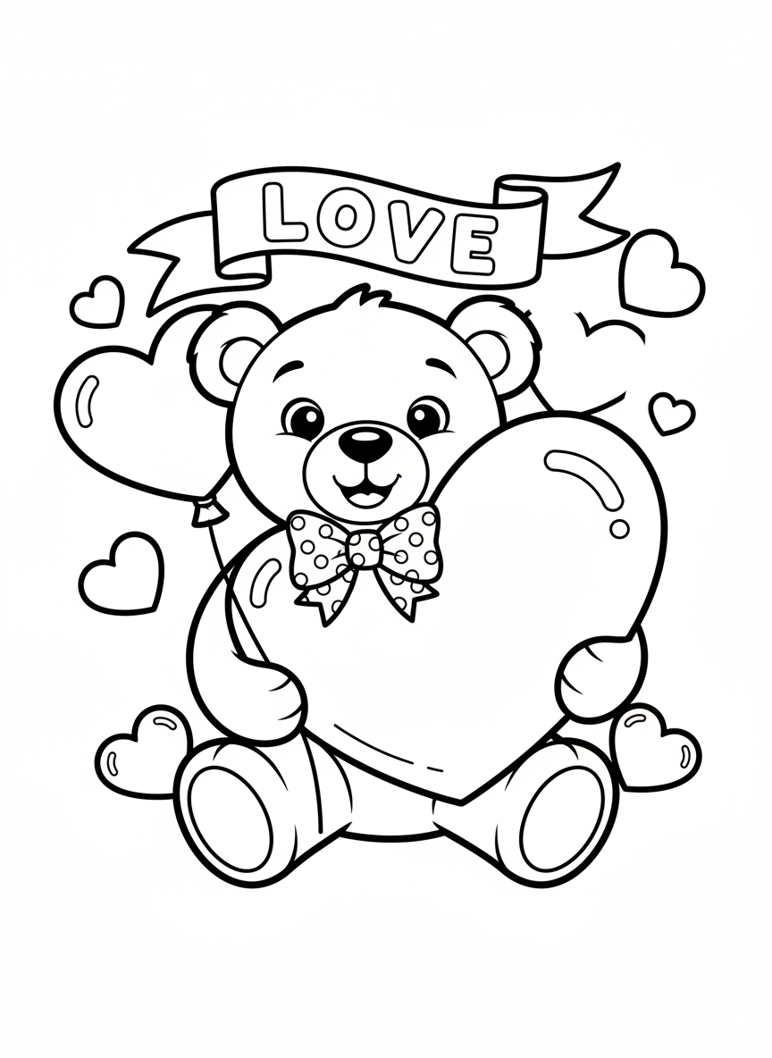 Ursinho de Pelúcia Adorável com Balão de Coração: Uma Página para Colorir para Crianças - Urso Desenho para Colorir com Crianças e Fofo - Desenho de Contorno Grátis Imprimível