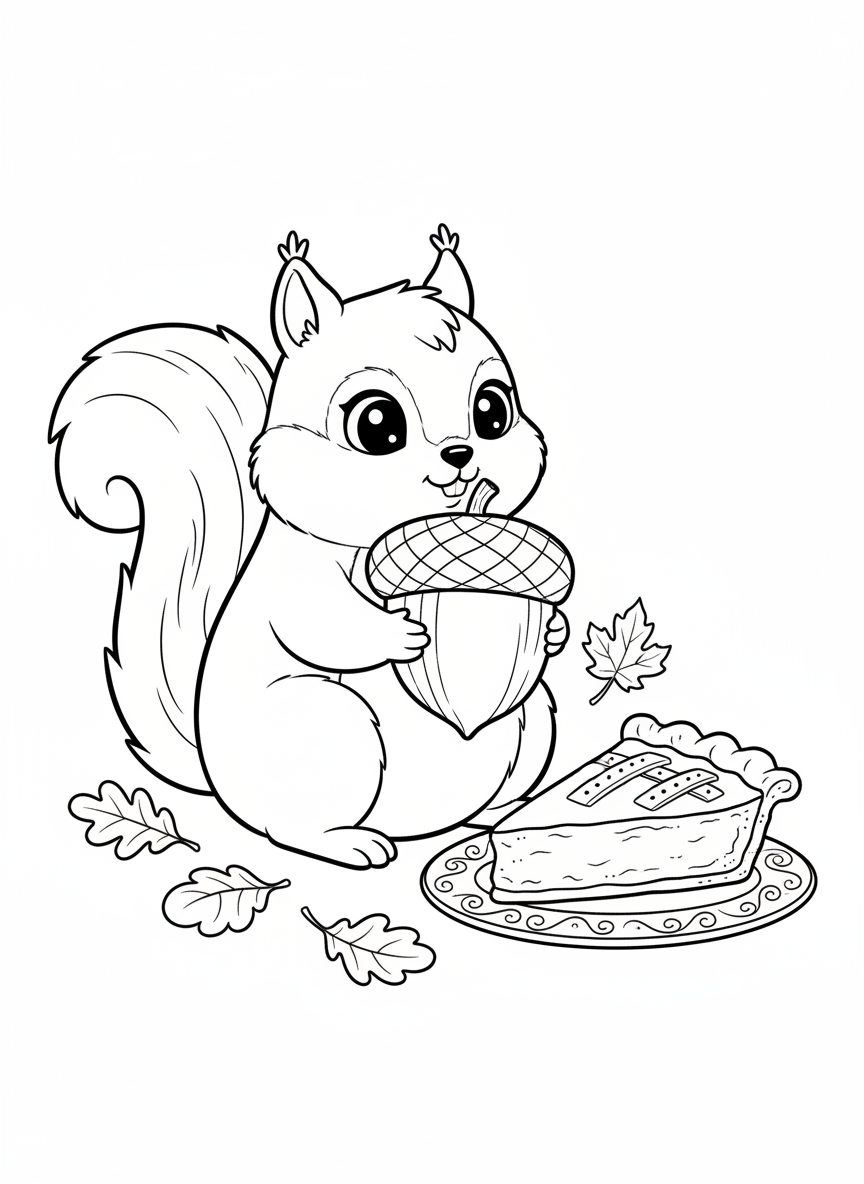 Adorable Thanksgiving Squirrel with Pumpkin Pie Coloring Page for Kids - Thanksgiving Coloring Page featuring Pumpkin Pie and Cute Kawaii - Free Printable Outline Drawing for Kids