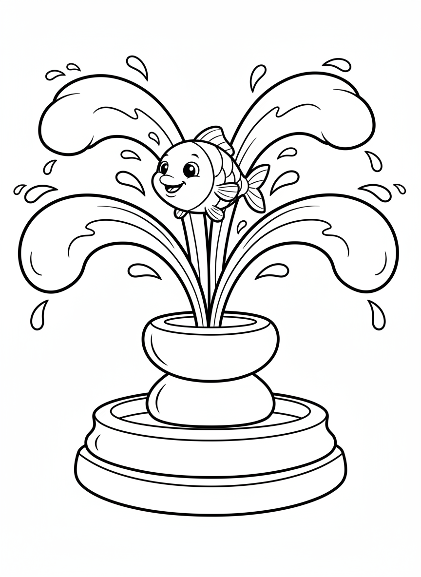 Adorable Water Fountain & Playful Fish Coloring Page for Kids - Ocean Animal Coloring Page featuring Cute and Children - Free Printable Outline Drawing for Kids