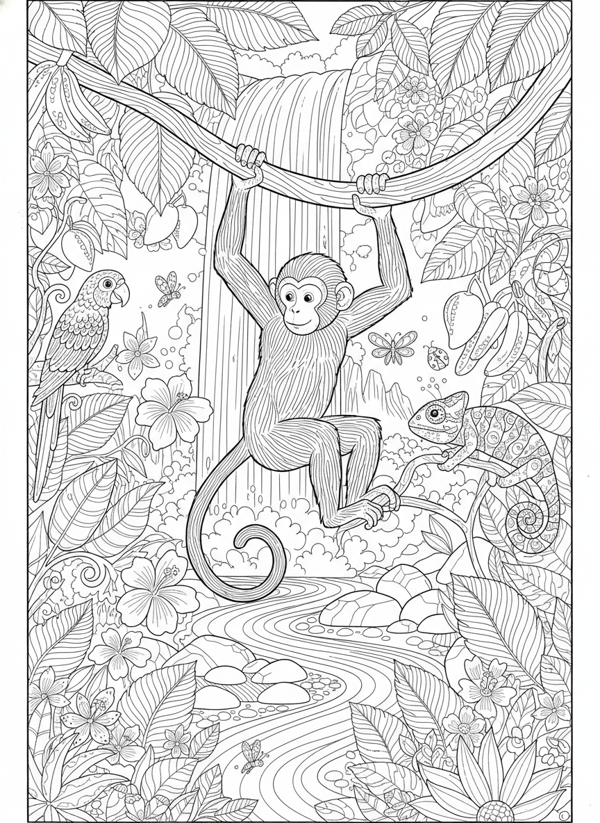 Adventurous Monkey Jungle Swing Coloring Page - Monkey Coloring Page featuring Jungle and Detailed - Free Printable Outline Drawing for Kids