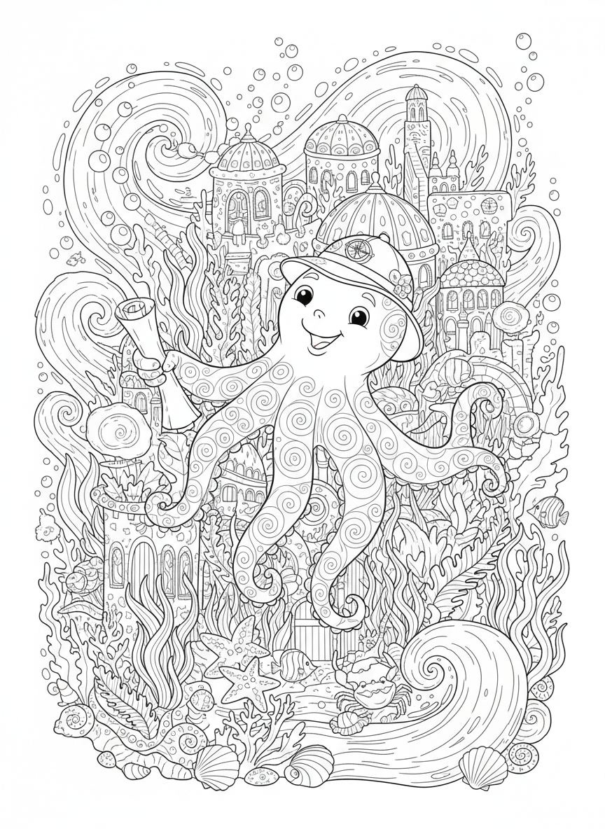 Adventurous Octopus Explores Lost Underwater City - Detailed Coloring Page - Ocean Animal Coloring Page featuring Fantasy and Underwater - Free Printable Outline Drawing for Kids