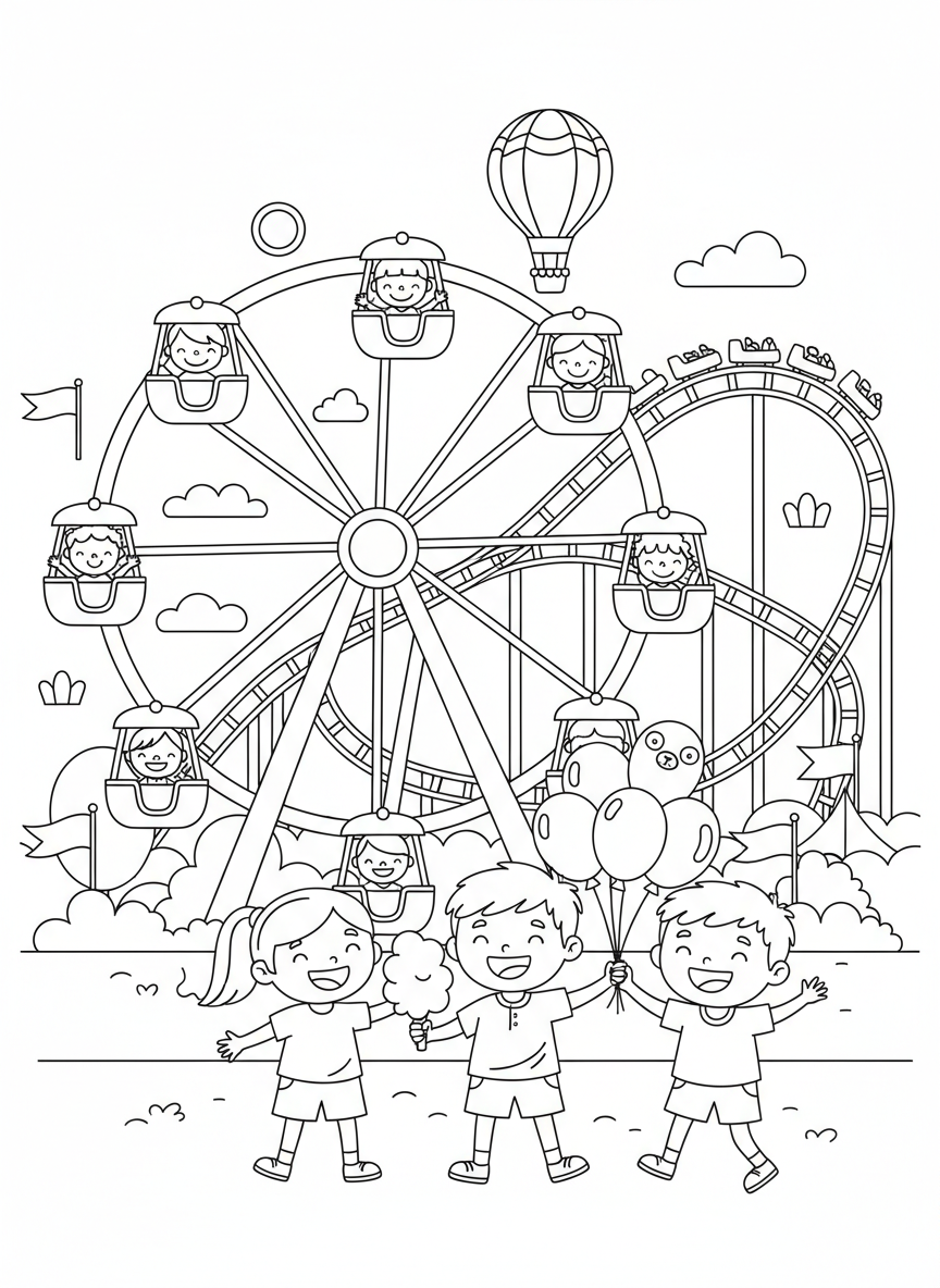 遊園地の冒険ぬり絵：観覧車とジェットコースターの楽しい子供向け - 遊園地 ぬりえページ 子供と遊園地 - 無料印刷可能な輪郭画