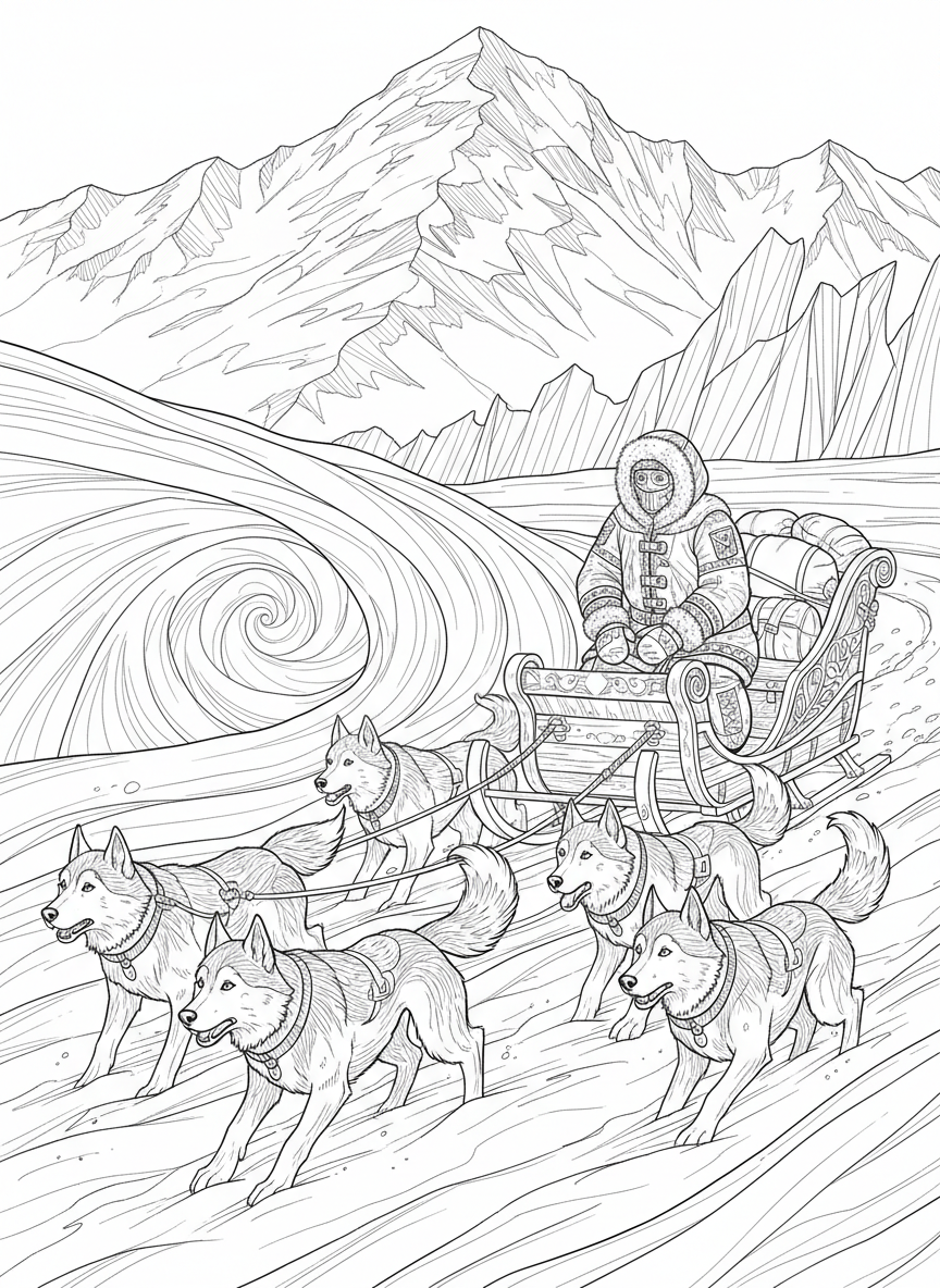 Arctic Expedition Detailed Scene Coloring Page - Winter Coloring Page featuring Snow and Seasonal - Free Printable Outline Drawing for Kids