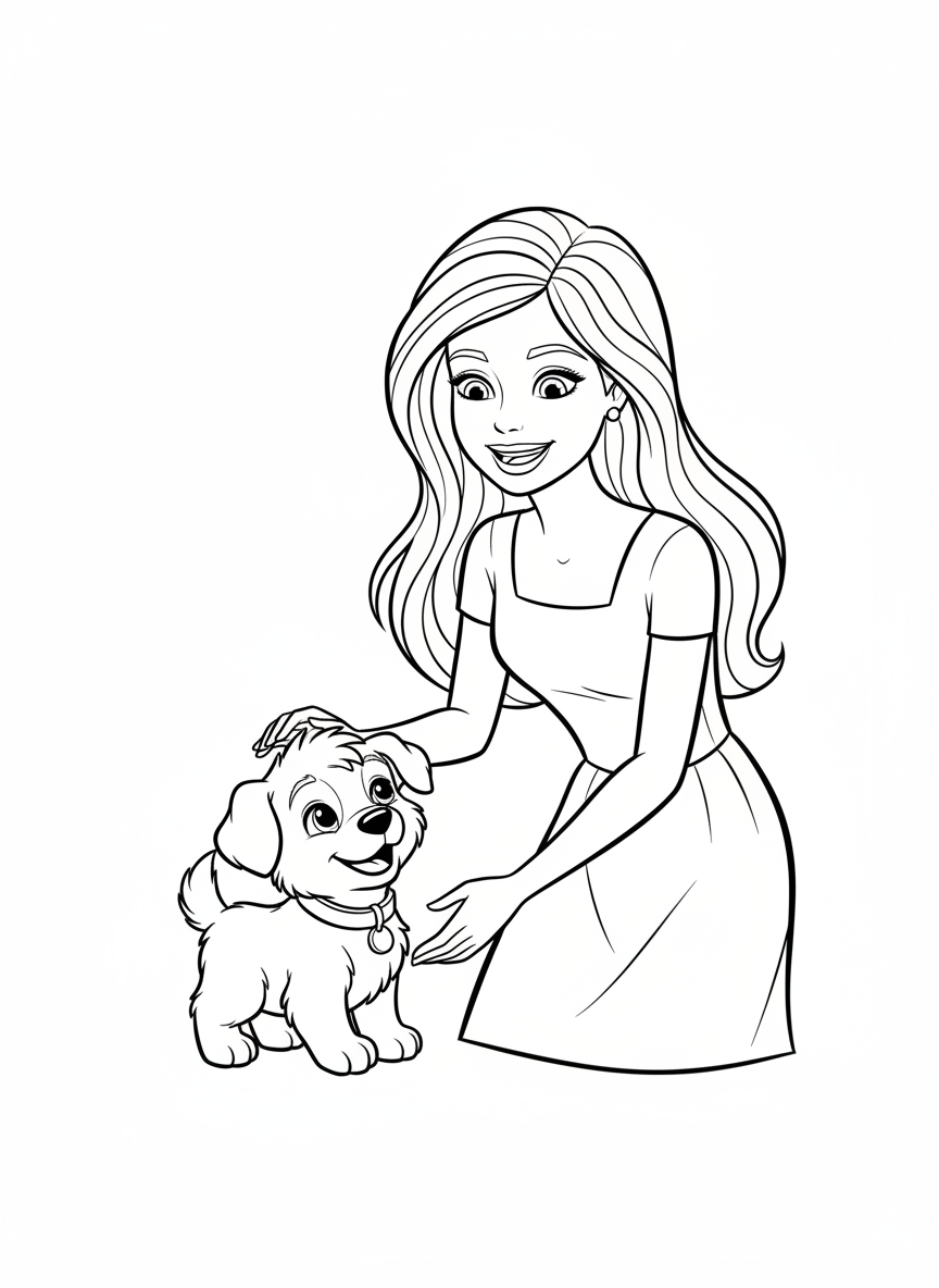 Barbie e Filhote: Desenho para Colorir Divertido - Cachorro Desenho para Colorir com Feliz e Crianças - Desenho de Contorno Grátis Imprimível