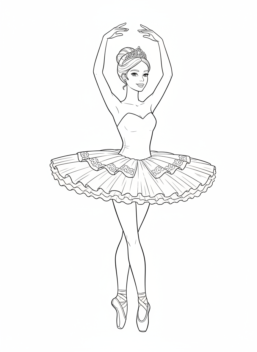 Barbie Bailarina: Elegante Pose para Colorear - Barbie Dibujo para Colorear con Barbie y Niños - Dibujo de Contorno Gratis Imprimible