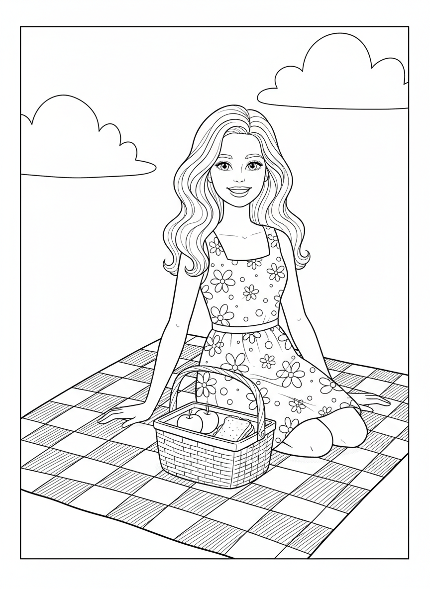 Barbie Picnic Fun Coloring Page - Barbie Coloring Page featuring Outdoors and Picnic - Free Printable Outline Drawing for Kids