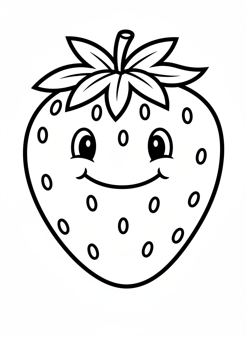 Coloriage de Fraise Souriante pour Enfants - Fruit Coloriage avec Enfants et Mignon - Dessin au Trait Gratuit Imprimable