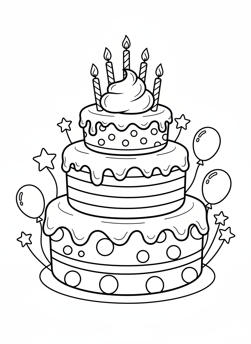 Birthday Cake Celebration Fun Coloring Page - Birthday Coloring Page featuring Celebration and Cute Cartoon - Free Printable Outline Drawing for Kids