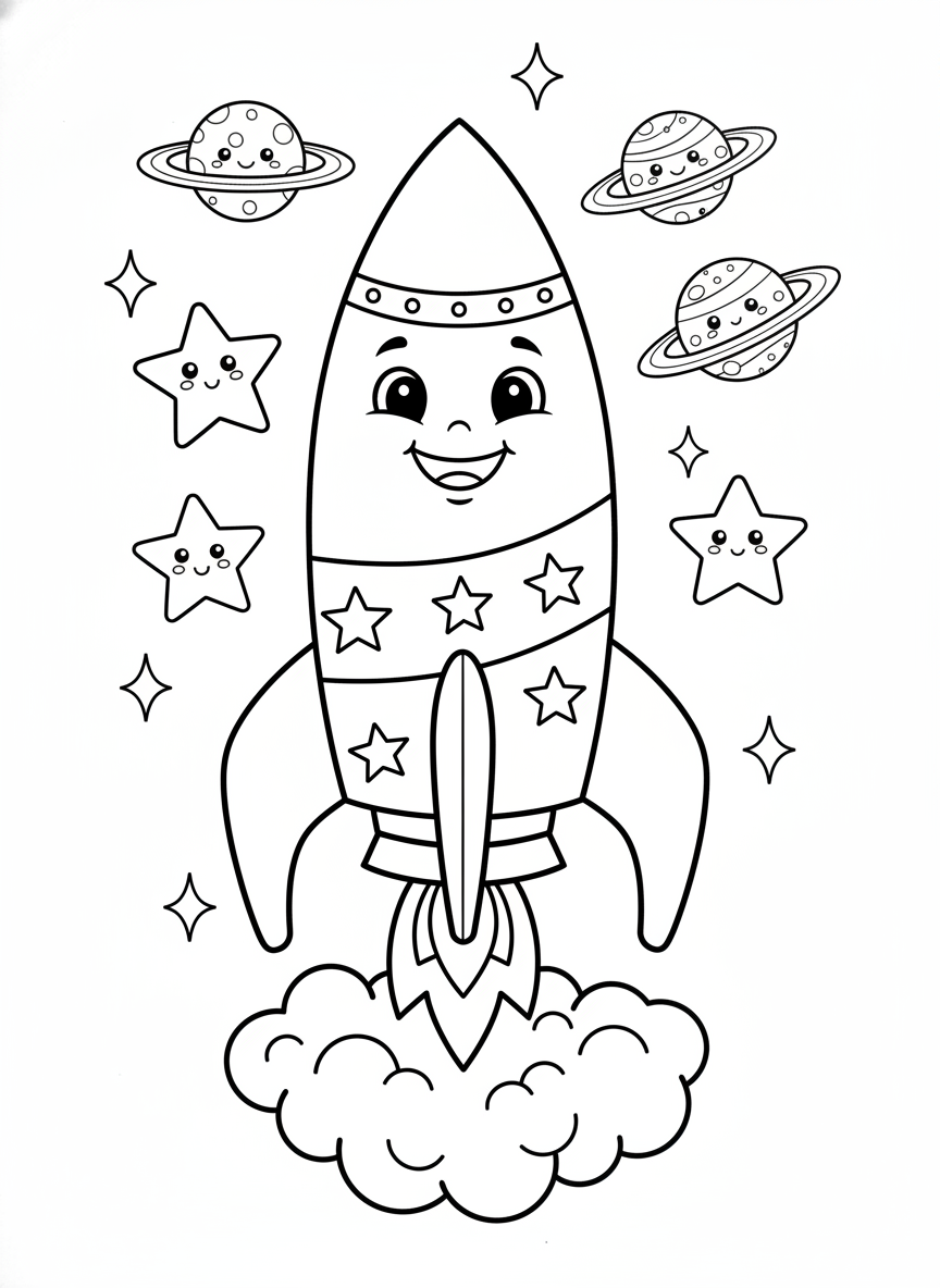 Blast Off Fun! Cheerful Cartoon Rocket & Planets Coloring Page for Kids - Space & Planet Coloring Page featuring Children and Cute - Free Printable Outline Drawing for Kids