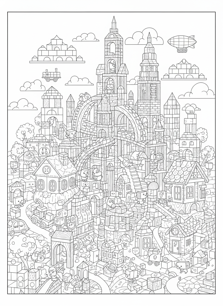 Block City Adventure: A Fantastical Build-Block World for Kids - Toy Coloring Page featuring Children and Complex - Free Printable Outline Drawing for Kids