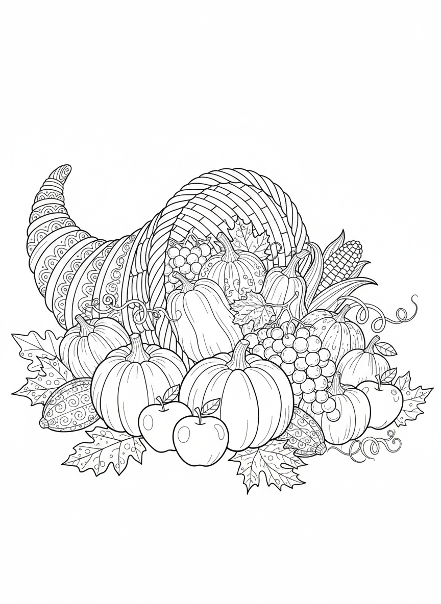 Cornucópia Abundante de Outono: Página de Colorir de Ação de Graças para Crianças - Dia de Ação de Graças Desenho para Colorir com Fácil de Colorir e Colheita de Outono - Desenho de Contorno Grátis Imprimível
