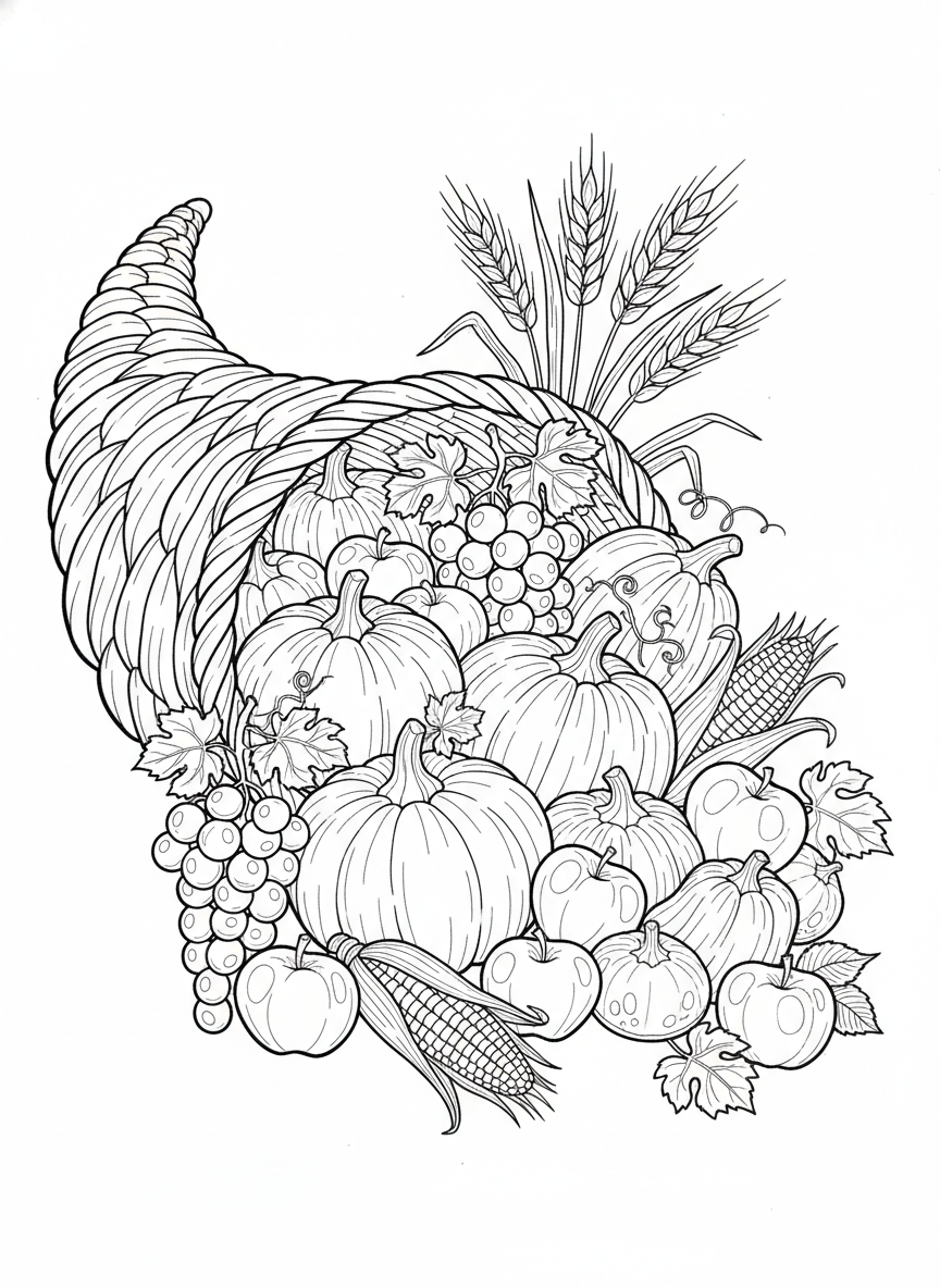 Bountiful Thanksgiving Cornucopia Harvest Coloring Page - Thanksgiving Coloring Page featuring Harvest and Fruits and Vegetables - Free Printable Outline Drawing for Kids