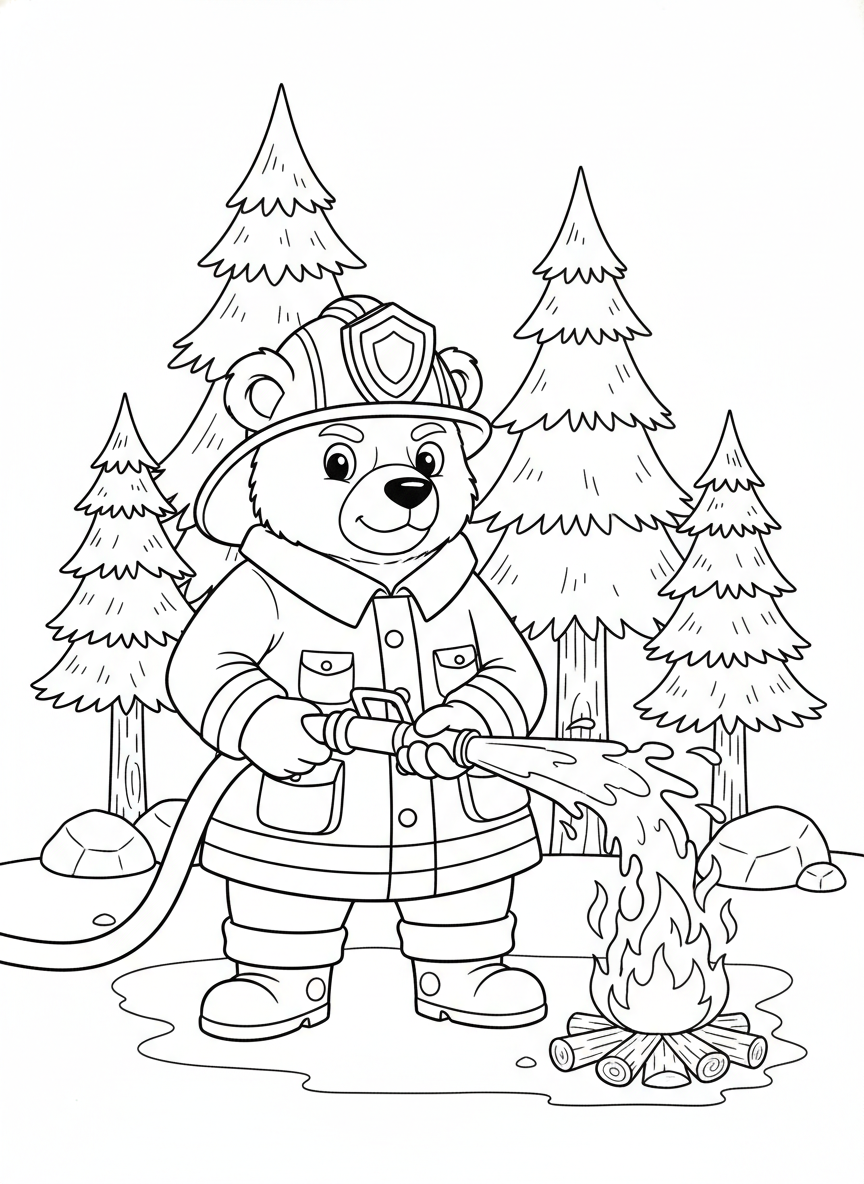 Brave Animal Firefighter: Forest Adventure Coloring Page - Bear Coloring Page featuring Children and Forest - Free Printable Outline Drawing for Kids