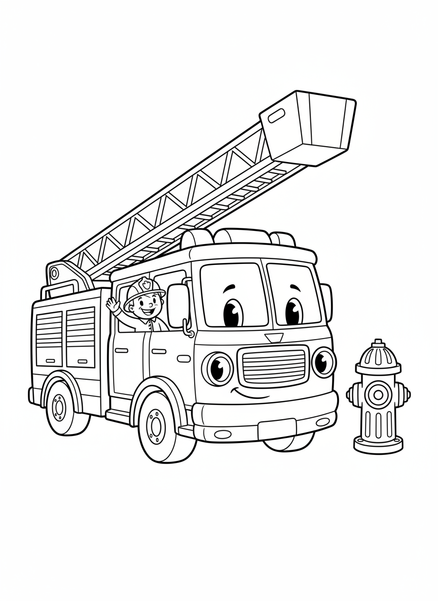 Brave Fire Truck & Friendly Fireman Coloring Page for Kids - Fire Truck Coloring Page featuring Children and Brave - Free Printable Outline Drawing for Kids