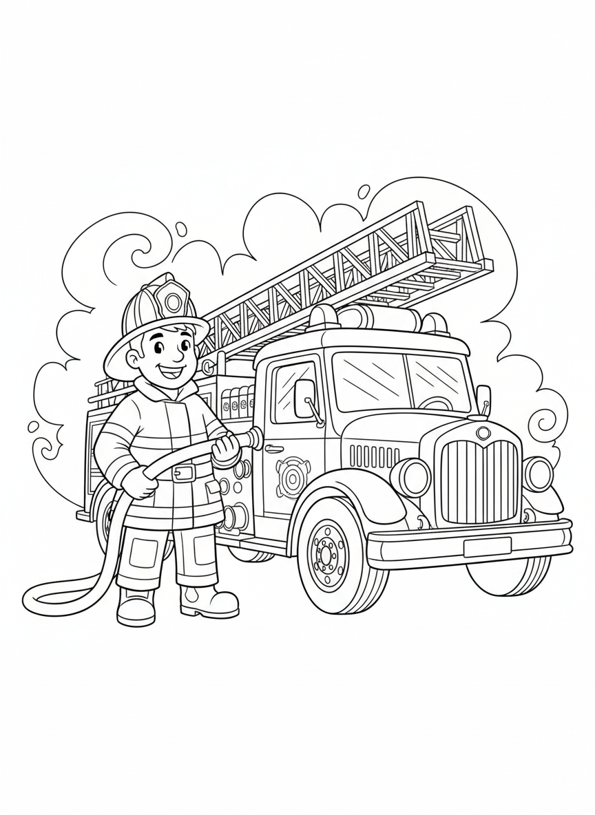 Brave Firefighter & Classic Fire Truck Coloring Page for Kids - Fire Truck Coloring Page featuring Fire Truck and Occupation - Free Printable Outline Drawing for Kids