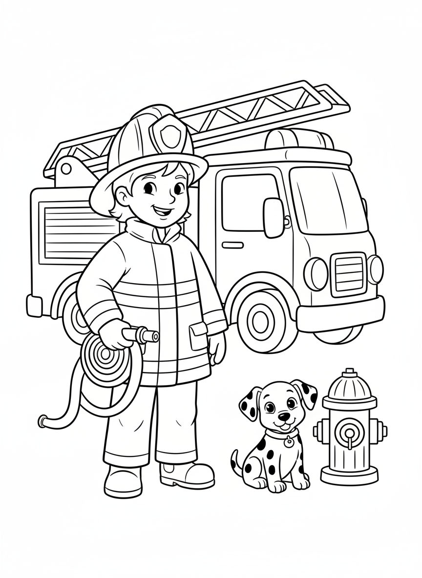 Brave Firefighter & Dalmatian Puppy Coloring Page - Fire Truck Coloring Page featuring Children and Cute - Free Printable Outline Drawing for Kids