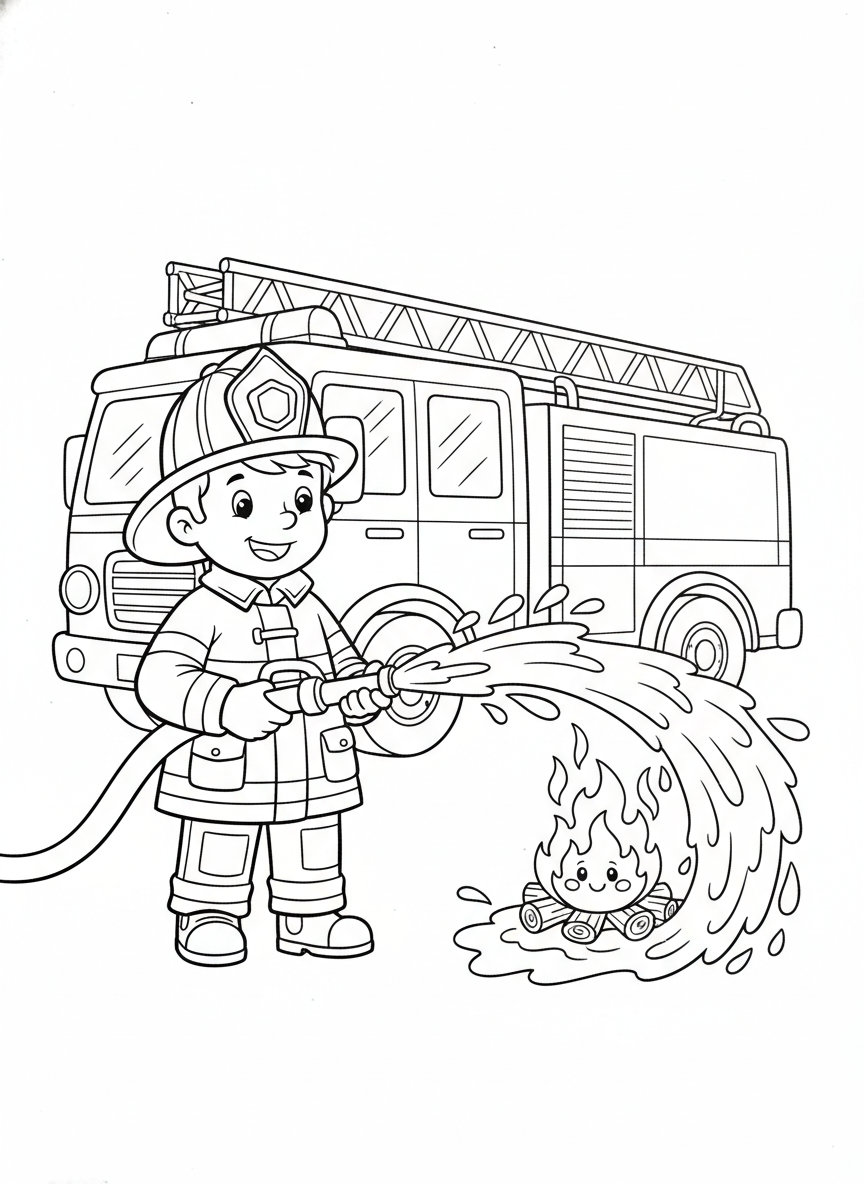 Brave Firefighter & Fire Truck Adventure Coloring Page - Fire Truck Coloring Page featuring Children and Fire Truck - Free Printable Outline Drawing for Kids