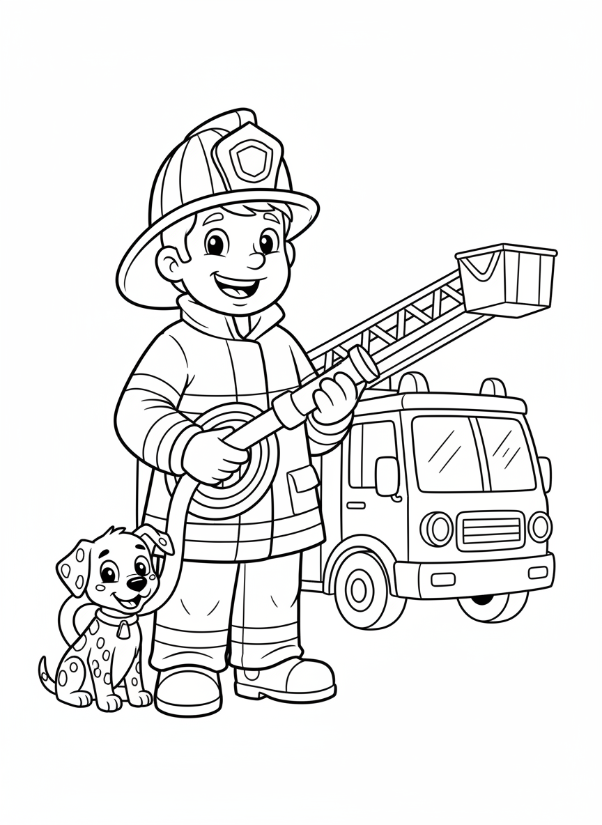 英勇消防員與友善達爾馬提亞狗兒童著色頁 - 消防車 著色頁 兒童、消防員 - 免費可列印輪廓畫